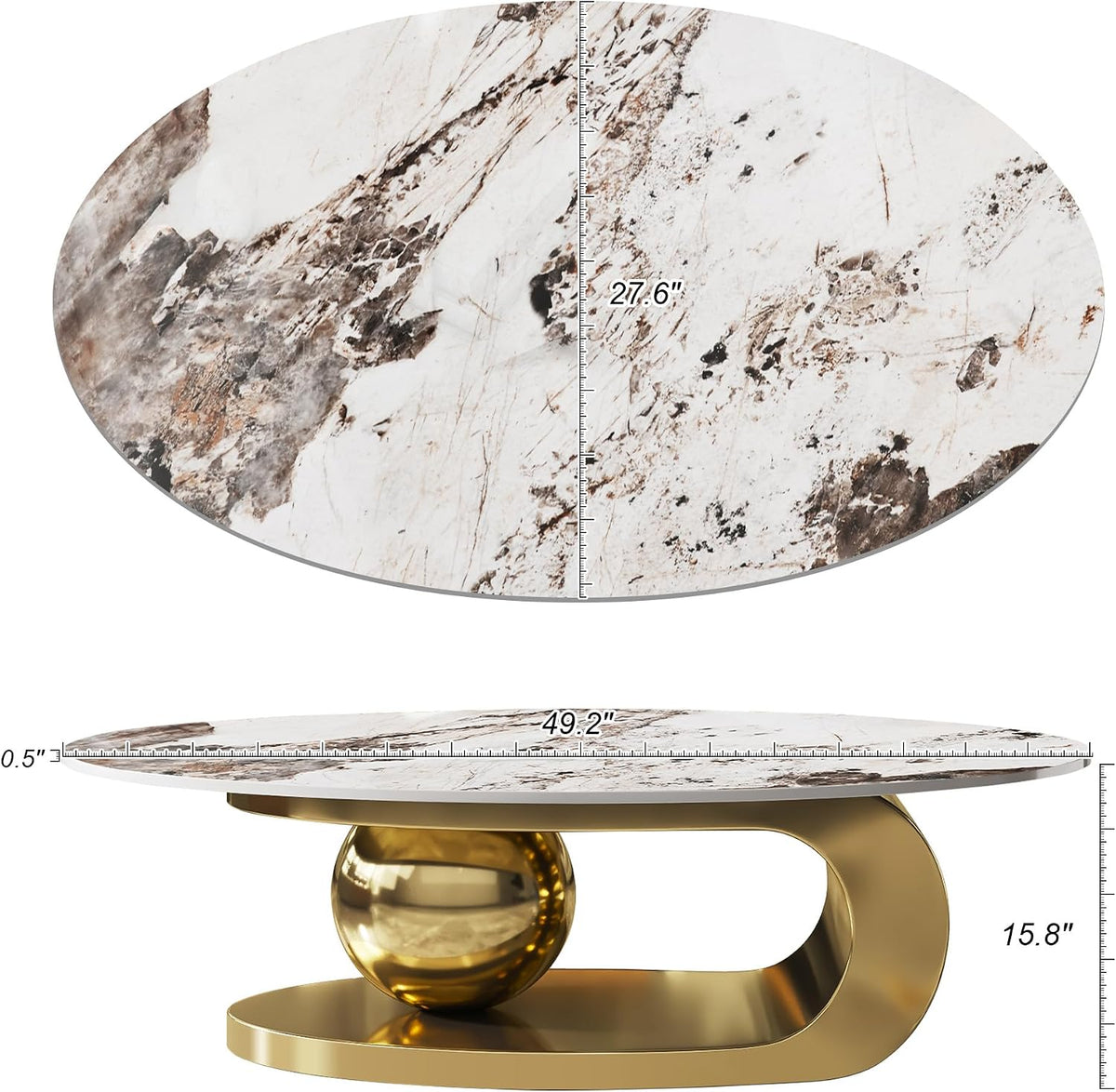 Oval Coffee Table with Sintered Stone Top, 49' Luxury Modern Center Table with Marble Pattern Table Top & Gold Stainless Steel Base, Easy to Clean C-Shape Unique Furniture for Living Room