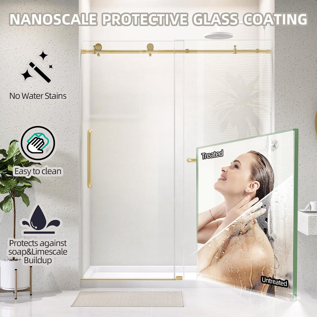 Frameless Shower Door 60' x 75' Single Sliding Shower Door for Walk-in Bathroom Trimmed up 56-60' Width Extra Tall Easy Install Clear Shower Glass Doors in Brushed Gold Stainless Steel Hardware
