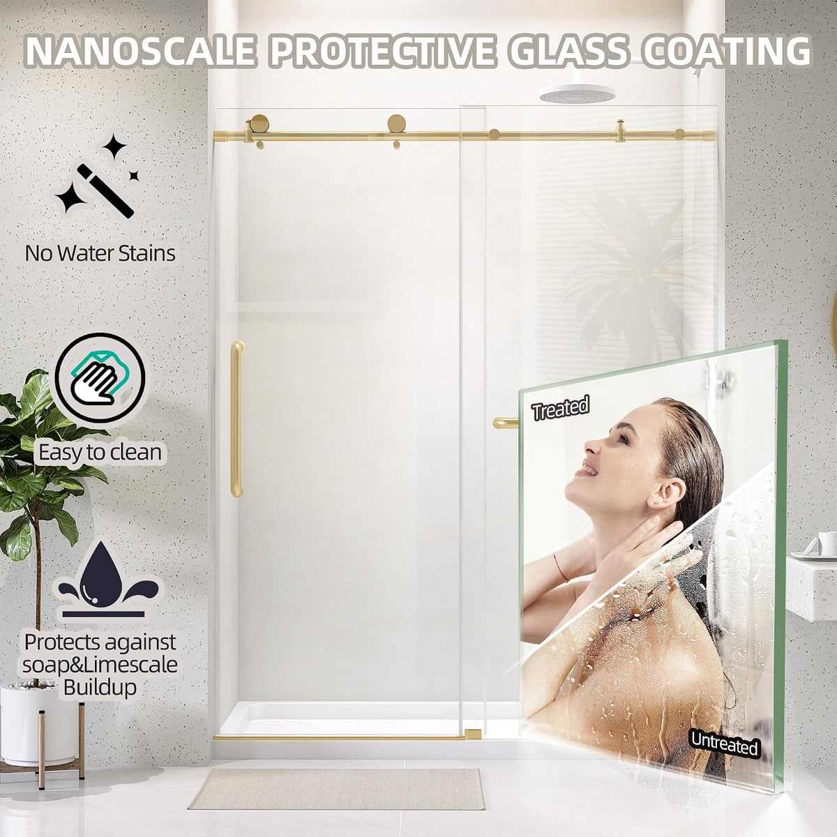 Frameless Shower Door 60' x 75' Single Sliding Shower Door for Walk-in Bathroom Trimmed up 56-60' Width Extra Tall Easy Install Clear Shower Glass Doors in Brushed Gold Stainless Steel Hardware