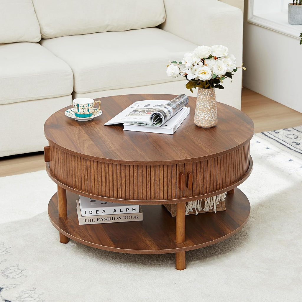 XUZENEST 31.5' Round Coffee Table with Storage, Mid Century Modern 2 Tier Coffee Table with Tambour Sliding Door, Solid Wood Legs Fluted Center Table for Living Room Home Office Small Space, Walnut