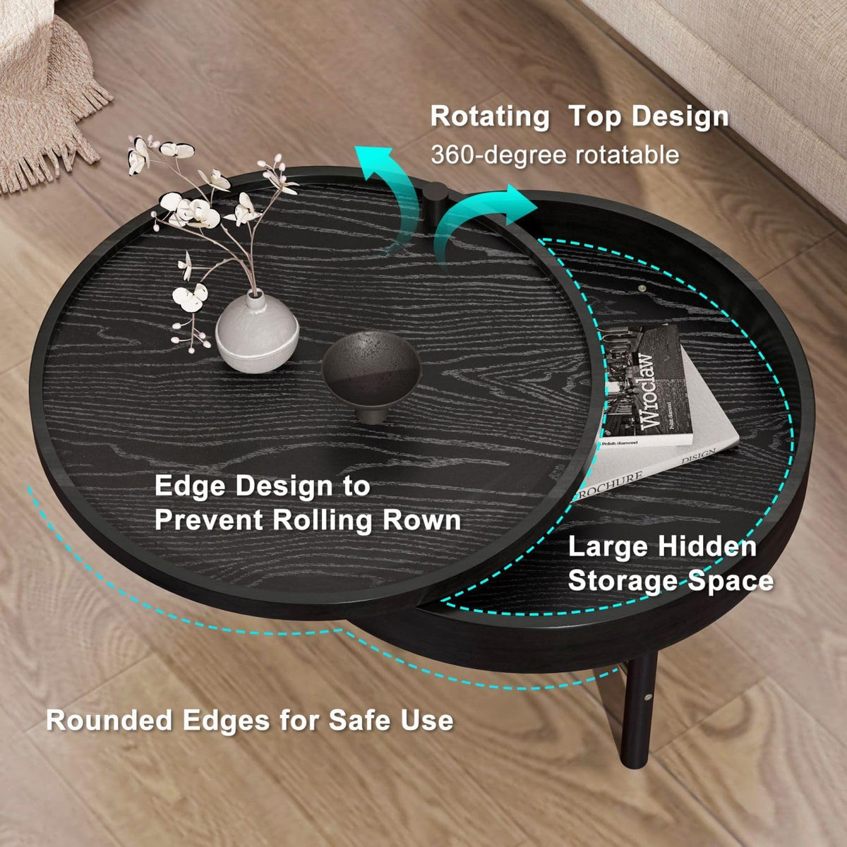 KEVINSPACE 24 Round Wood Coffee Table for Living Room with Storage Space - Rustic Modern Cocktail Table with Rotating Tray, Vintage Farmhouse Black