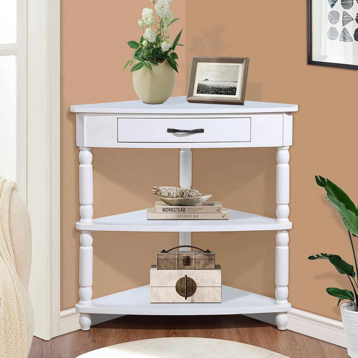 33.8'' Small Triangle Corner Table, Wood Corner Side Table for Small Spaces/Living Room, 3 Tier End Corner Table with Solid Wood Legs (Milk White, 33.8'')