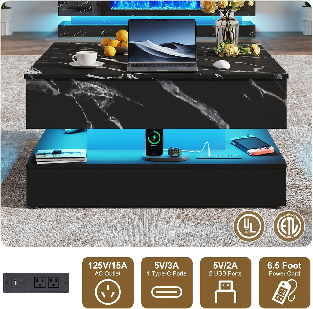35.4' Large Square Coffee Table with Lifting top,Charging Station,Modern 2-Tier Square Center Table w/Hidden Compartment Storage,Tea Table with Wood Grain for Living Room, Office,Black Marble