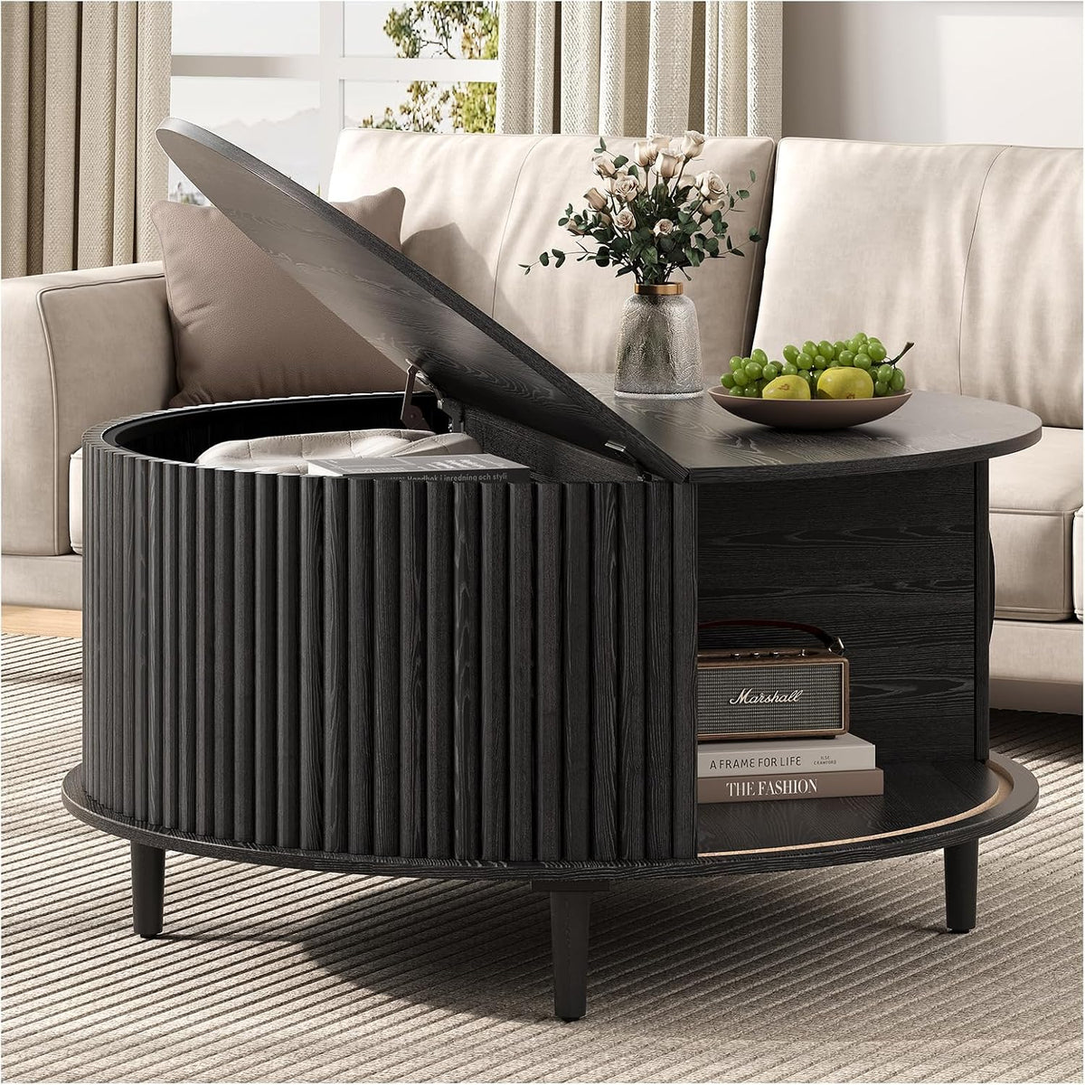 SULIVES Black Round Coffee Table with Storage, 31.5' Wood Drum Table, Fluted Circle Center Table for Living Room, Modern Mid Century Furniture with Sliding Door