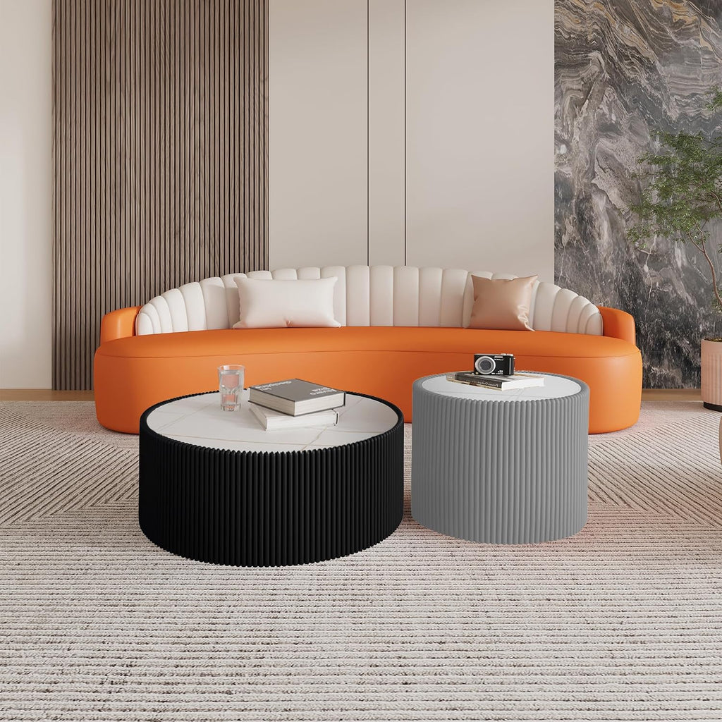 GDFStudio Modern Round Coffee Table, Luxury Sintered Stone Top Circle Coffee Table with PU Leather Drum Base, Creative Shape Small Tables for Living Room Side Tables, Fully Assembled, Black-Large