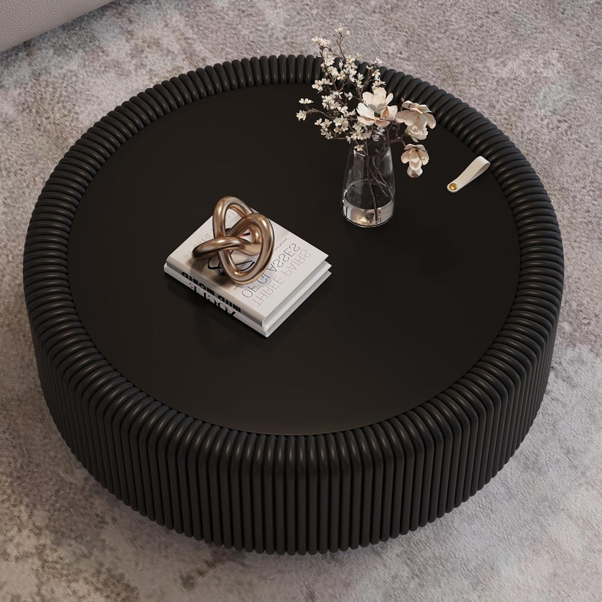 31.5' Black Round Coffee Table, Modern Fluted Drum Center Table with Hidden Storage & Tempered Glass Top & PU Leather Body, Minimalist Circle Glass Coffee Tea Tables for Living Room