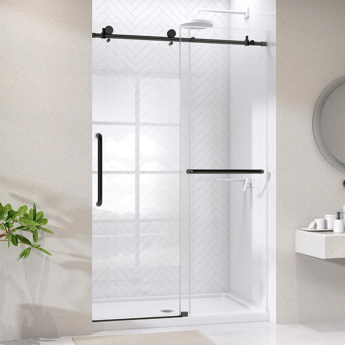 Frameless Glass Shower Door 44-48'' W x 75'' H, Single Sliding Shower Door, ANSI Tempered Clear Glass with Nano Coating, Matte Black, Stainless Steel Hardware, Low Threshold, Quiet Rollers