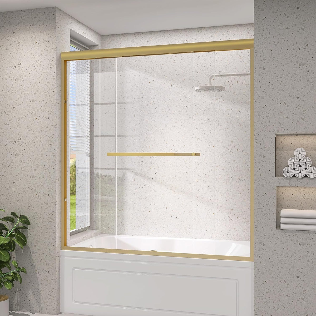Shower Tub Door 56-60 in. W x 62 in. H Double Sliding Semi-Frameless Bathroom Bathtub Shower Doors 1/4 inch Clear Tempered Glass Tub Door for Walk-in Shower Brushed Gold Harewares