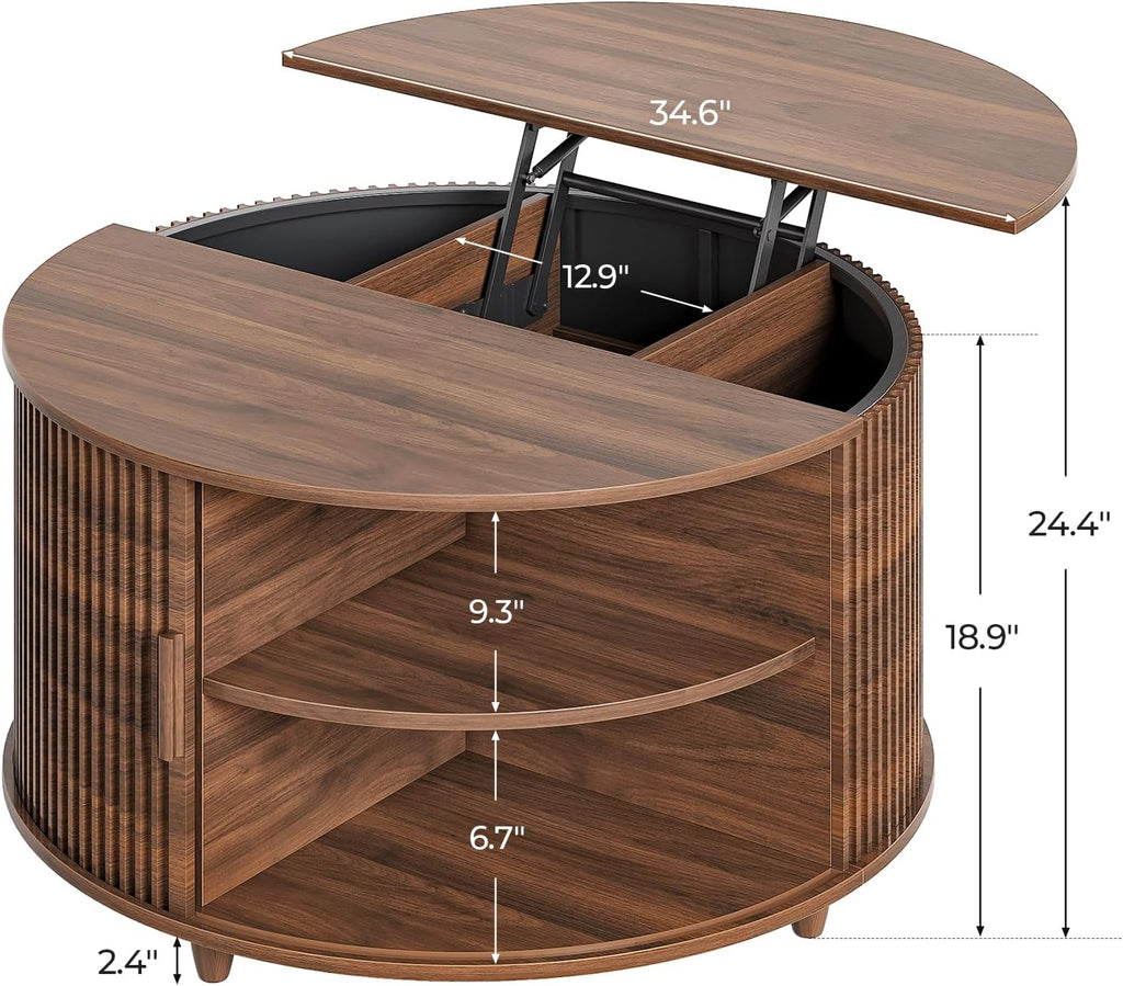 Round Lift Top Coffee Table, 34.6' Modern Coffee Table with 180° Curved Sliding Door, Fluted Accent Coffee Tables with Hidden Storage and Open Shelves, for Living Room, Office, Walnut
