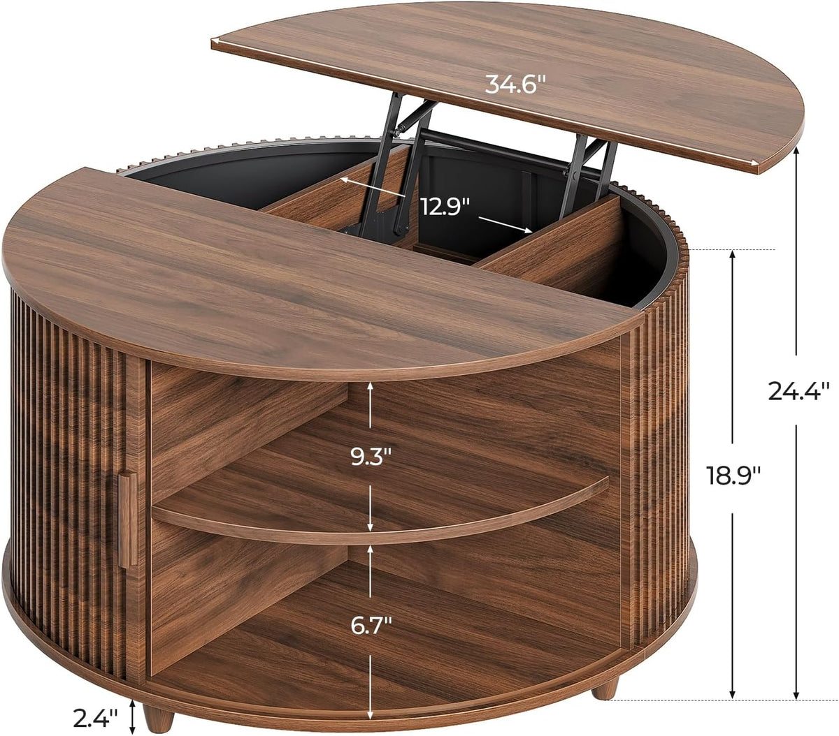 Round Lift Top Coffee Table, 34.6' Modern Coffee Table with 180° Curved Sliding Door, Fluted Accent Coffee Tables with Hidden Storage and Open Shelves, for Living Room, Office, Walnut