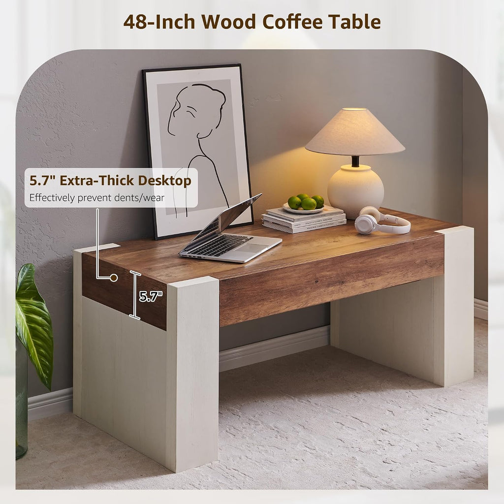 OKD 48' Modern Farmhouse Coffee Table, Wooden Living Room Table with Hidden Storage Drawer, Rustic Rectangular Center Tables with Wood Thick Design for Living Room, Office, Antique White