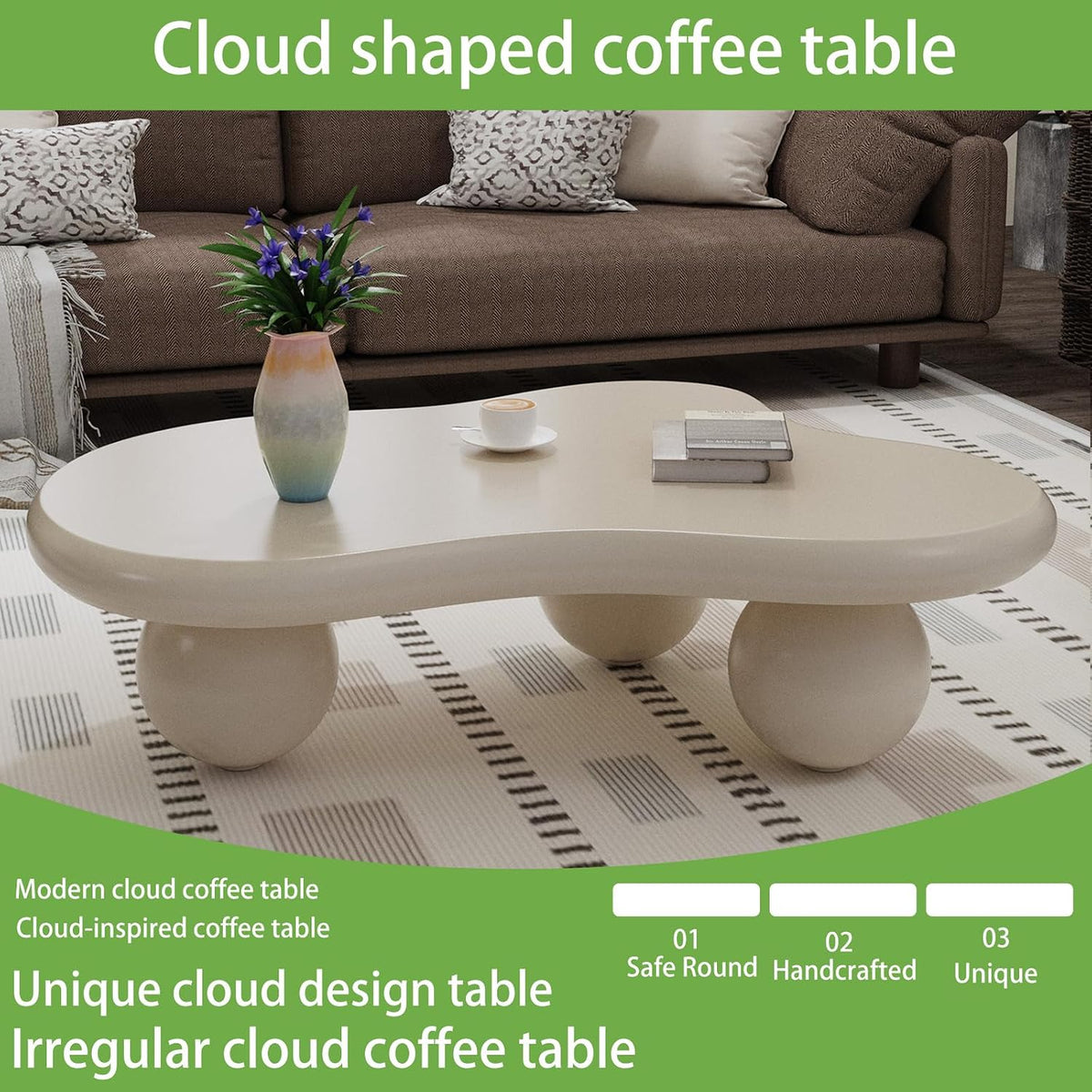 Cloud Coffee Table, Cute Irregular Coffee/Tea Table with Large Tabletop, Accent Cocktail Table, Cloud Shape Modern Coffee Table for Living Room, Office, Home Dec (D White 46.06in)
