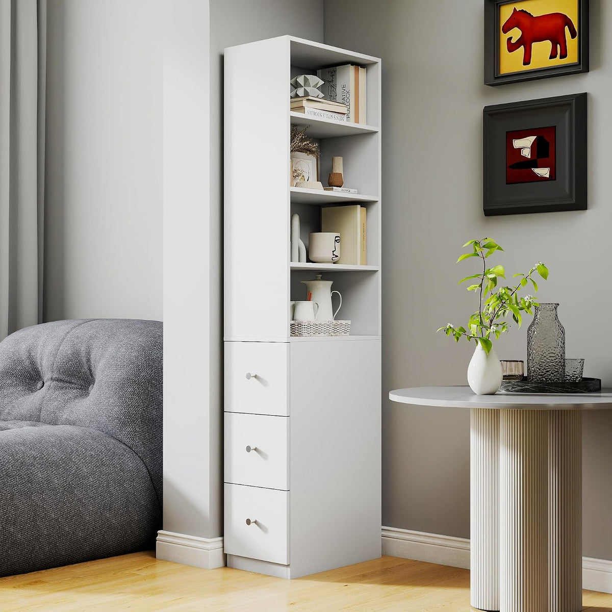 70.87' H Display Storage Cabinet, Narrow Wooden Corner Cabinet with 4-Tier Shelves and 3 Side Drawers, Tall Bookshelf and Bookcase for Living Room Home Office, White