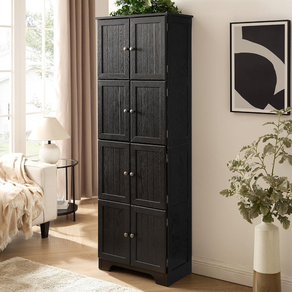 72' H Farmhouse Storage Cabinet, 4 Tier Kitchen Pantry Cabinet with 4 Shelves, 8 Doors Freestanding Floor Storage Cabinet Wooden Organizer Bookcase for Living Room & Kitchen (Black)