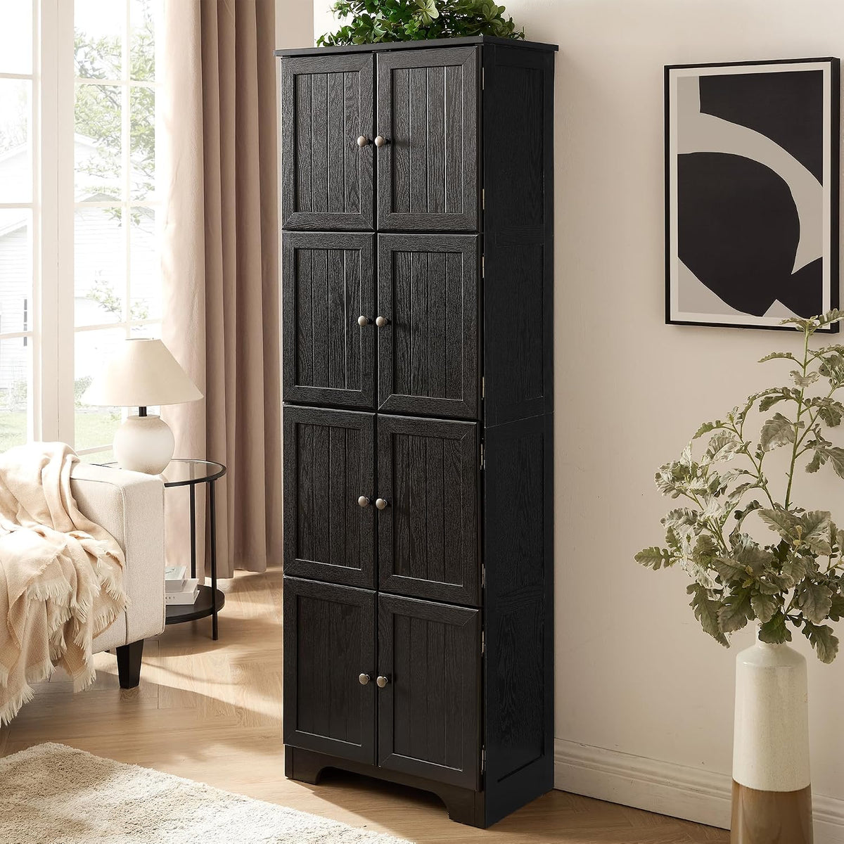 72' H Farmhouse Storage Cabinet, 4 Tier Kitchen Pantry Cabinet with 4 Shelves, 8 Doors Freestanding Floor Storage Cabinet Wooden Organizer Bookcase for Living Room & Kitchen (Black)