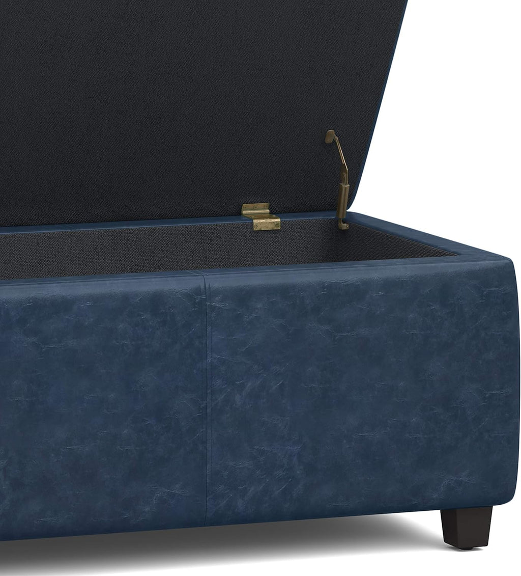 SIMPLIHOME Avalon Storage Ottoman Bench - 48' Wide x 16' High Upholstered Vegan Leather Rectangular Lift-Top Ottoman in Denim Blue, Contemporary Storage Bench for Living Room with High-Density Foam