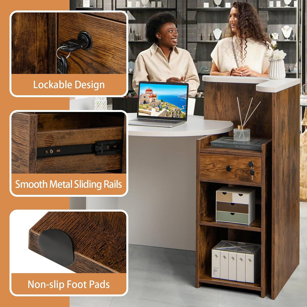 Reception Desk, Small Retail Checkout Counter with Lockable Drawer and Open Shelves, Wooden Front Desk Reception Counter, Oval Desktop & L Counter for Store Office Lobby Salon (Brown)
