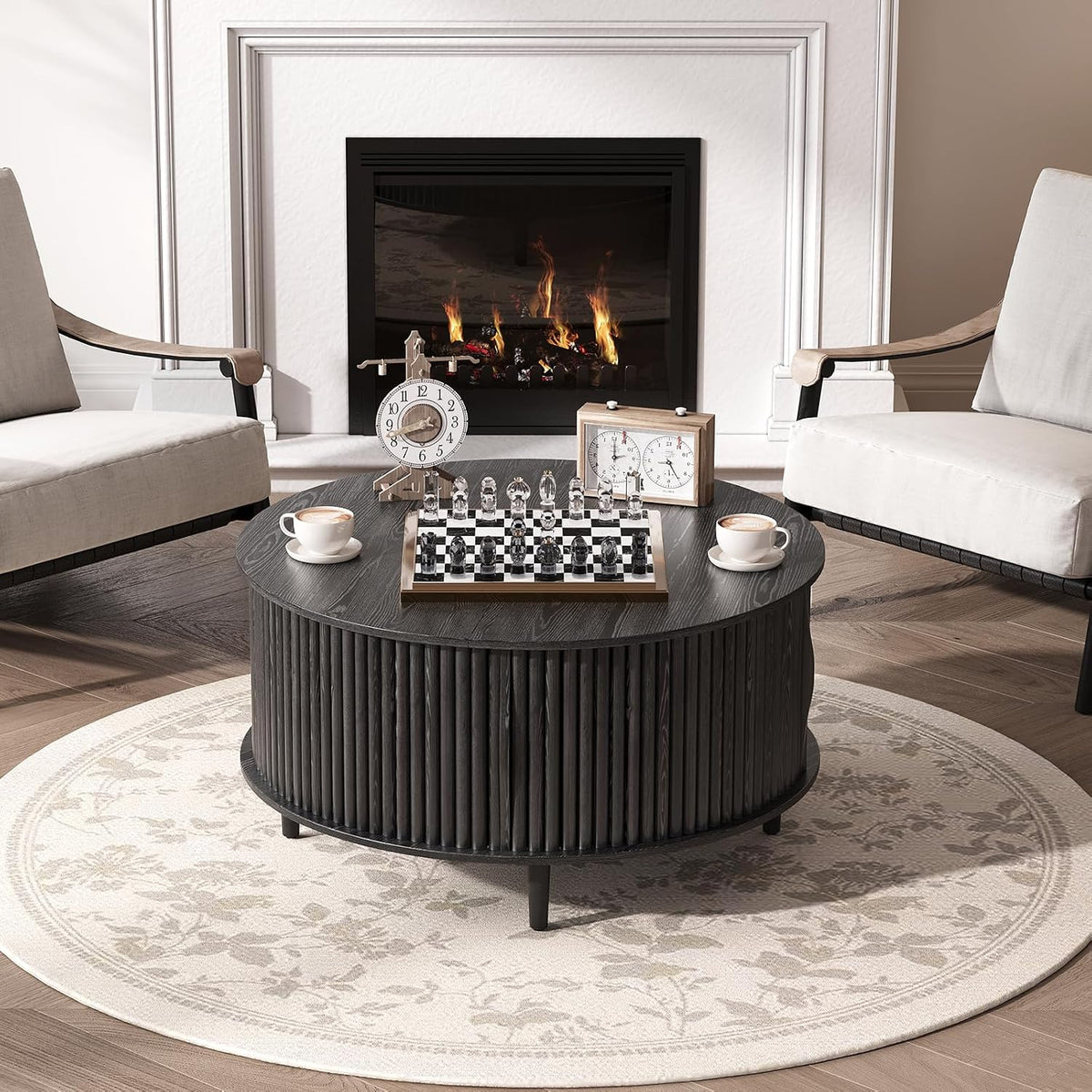 JOINICE Round Coffee Table with Storage, 31.5' Black Wood Drum Table, Fluted Circle Center Table for Living Room, Modern Mid Century Furniture with Sliding Door
