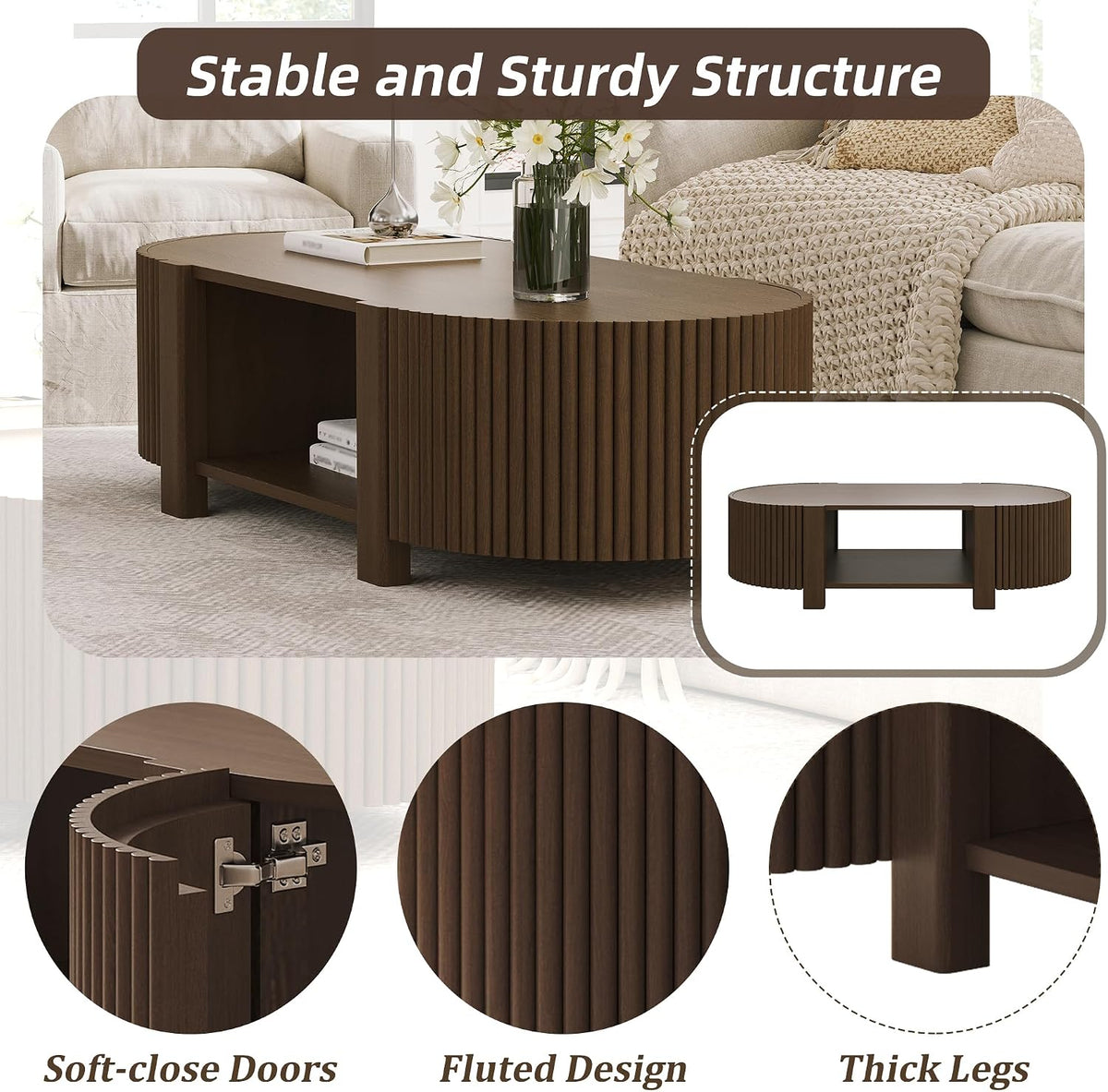 Oval Coffee Table with Storage, Fluted Coffee Table with Shelves and 2 Open Doors, Center Table for Living Room, Bedroom, Apartment or Office, Walnut