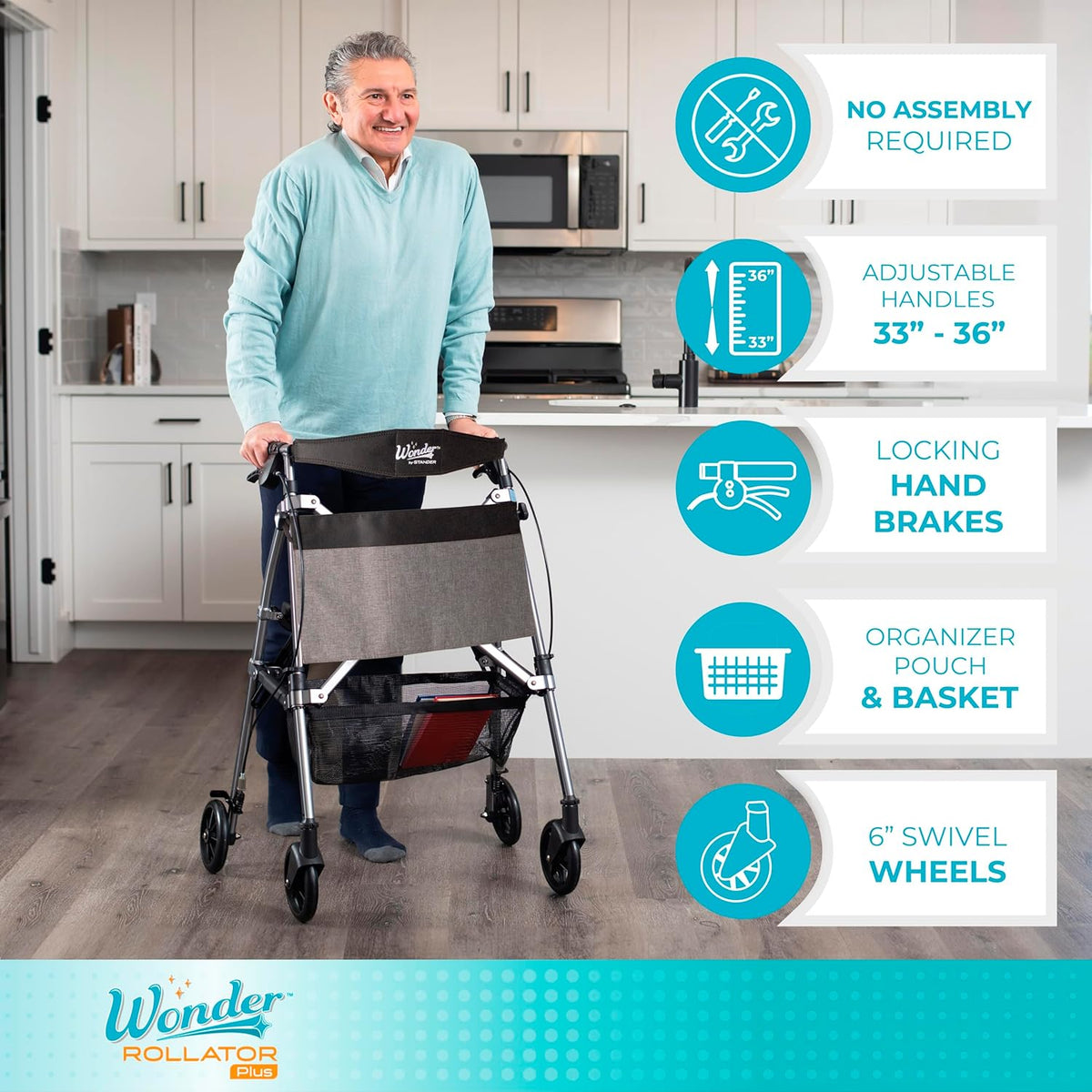 Stander Wonder Rollator Plus, Lightweight Folding Mobility Rolling-Walker, EZ Fold-N-Go-Rollator for Seniors and Adults, 6-inch Wheels, Locking Brakes and Padded Seat with Backrest, Cobalt Blue
