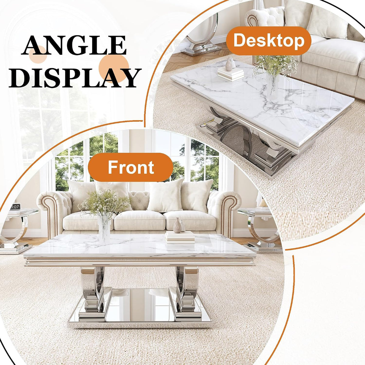 Luxury Marble Coffee Table, 47' Rectangle Coffee Table with Faux Marble Tabletop & Silver Stainless Steel Base, Modern Center Table for Living Room, Office
