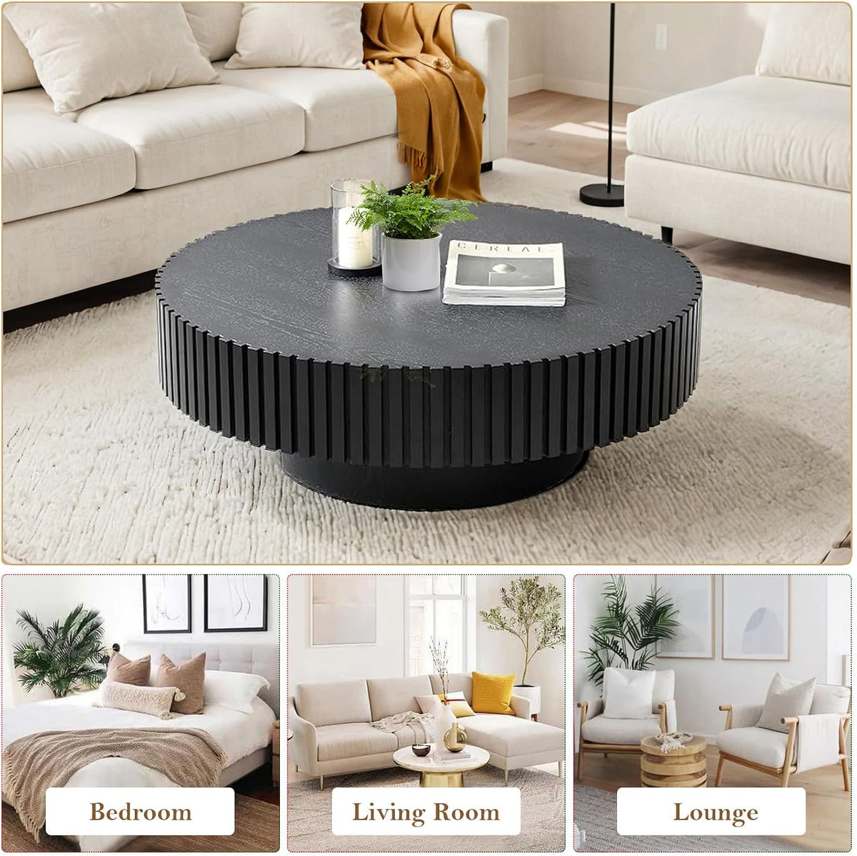 31.5' Round Drum Fluted Coffee Table for Living Room Modern Circle Coffee Table with Pedestal Center Tables Fluted Accent Tea Tables for Apartment Living Room (G)
