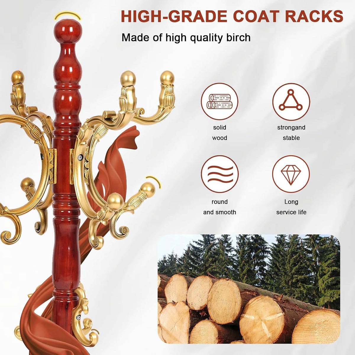 Wooden Coat rack freestanding, Coat racks stand with 14 Hook, Heavy duty coat tree standing 3 Adjustable Heights for Bedroom, Entryway, Hallway, Office,Stury Base (Begonia)