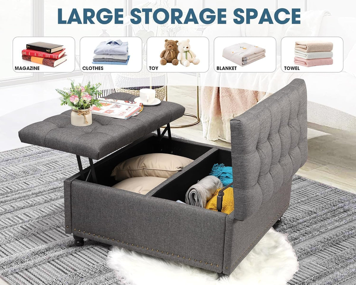 36' Large Square Ottoman with Storage, Tufted Upholstered Storage Ottoman with Lift Top & Solid Legs for Bedroom Room, Extra Large Coffee Tables Bench for Living Room as Footstool (Grey)