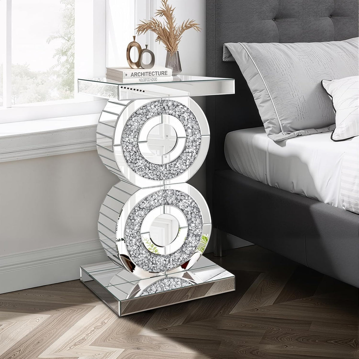 Pregaspor Crushed Diamond Mirrored End Table, Unique Side Table with Crystal Inlay,Coffee Table for Living Room Bedroom