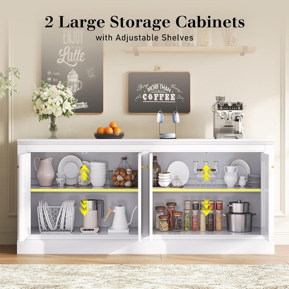 AMERLIFE 72' Farmhouse Sideboard Buffet Cabinet with Barn Doors, Storage Console Table with Adjustable Shelves, Coffee Bar/TV Stand for Living Room, Kitchen, Entryway, White