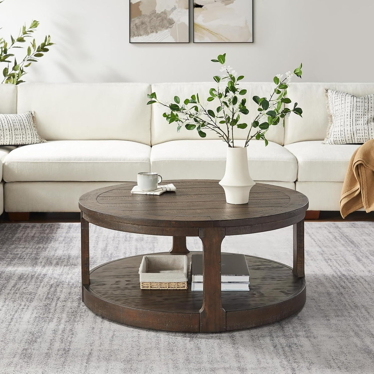 Coffee Table Round Wood 40' Modern Coffee Tables for Living Room Brown Circle Center 2-Tier Solid Desktop Accent with Shelf Storage Minimalistic Design Home Furniture Apartment Office Easy to Assemble
