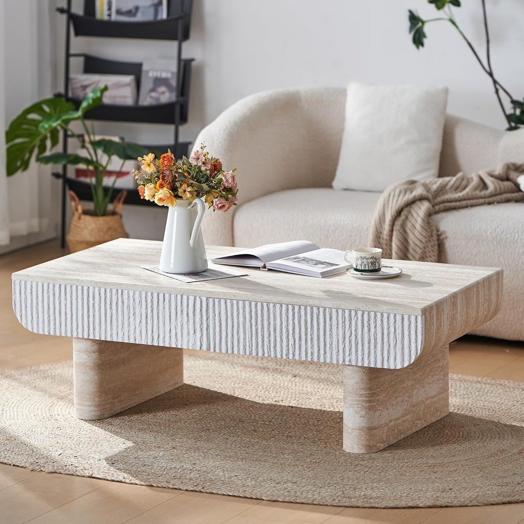 46.8' Coffee Table with Fluted Drawer, Faux Marble Center Table Modern Wood Coffee Table for Living Room Apartment Office (Engineered Wood)