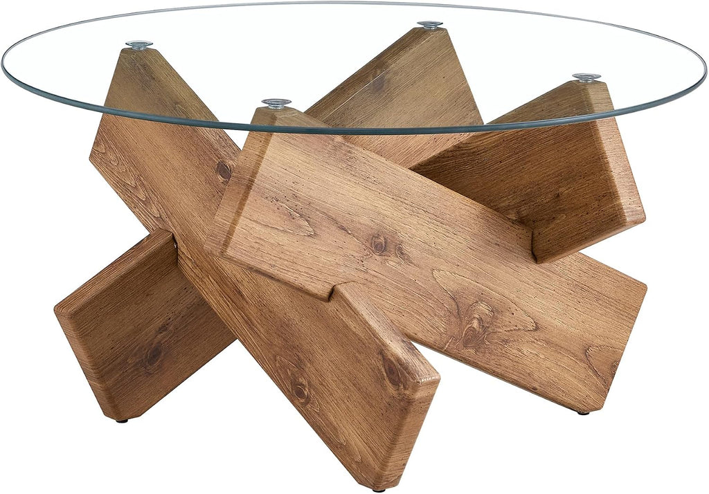 Glass Coffee Tables for Living Room Modern Elegant Round Coffee Table Mid Century Farmhouse Center Table with Wooden Base and Tempered Glass Tabletop, Easy Assembly,33.4 inch