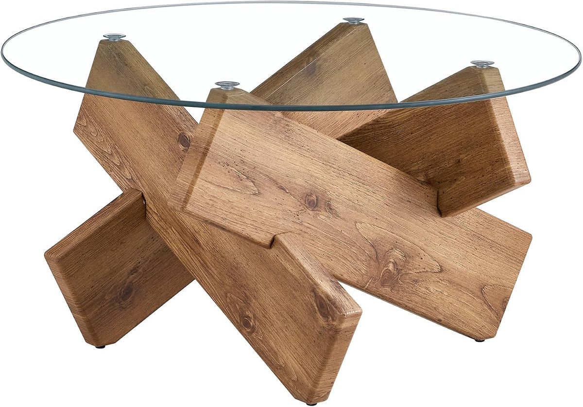 Glass Coffee Tables for Living Room Modern Elegant Round Coffee Table Mid Century Farmhouse Center Table with Wooden Base and Tempered Glass Tabletop, Easy Assembly,33.4 inch