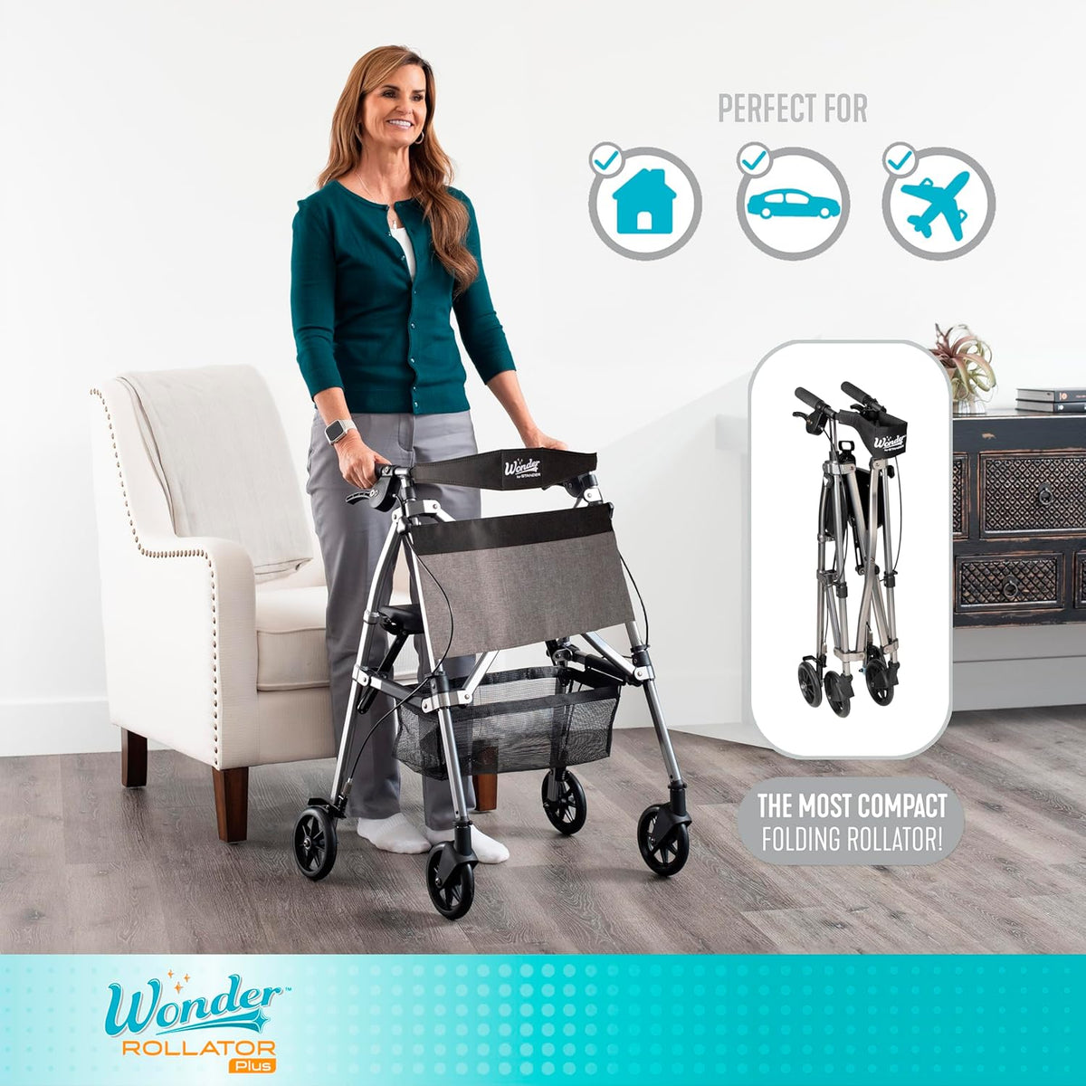 Stander Wonder Rollator Plus Short, Lightweight Junior Folding Mobility Aid for Petite Adults, Seniors, and Elderly, Collapsible Travel Rolling Walker with Four Wheels and Seat, Desert Sand