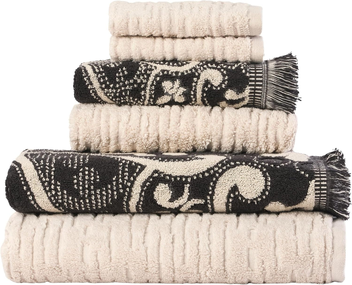 SKL Home CloudSoft/Amherst Medallion 100% Cotton Luxury 6-Piece Towel Set - 600 GSM, Ultra Plush & Absorbent, Reversible - 2 Bath Towels, 2 Hand Towels, 2 Washcloths, Oatmeal/Black