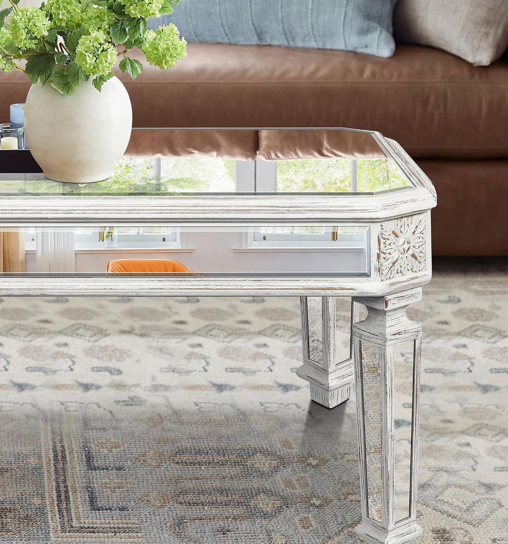 Modern Mirrored Coffee Table for Living Room Luxury Cocktail Center Table with Silver Mirror Finish Rectangular Small Coffee Table with Vintage Natural Carved Frame and Legs