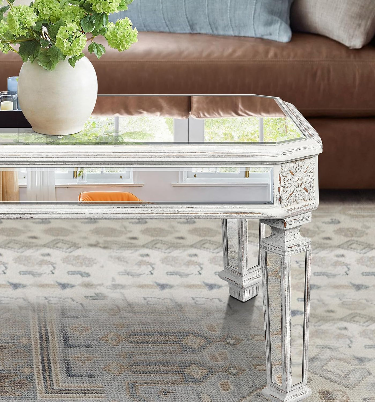 Modern Mirrored Coffee Table for Living Room Luxury Cocktail Center Table with Silver Mirror Finish Rectangular Small Coffee Table with Vintage Natural Carved Frame and Legs