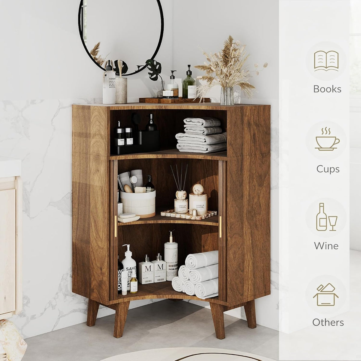 Fluted Corner Cabinet with Open Storage, Modern Floor Cabinets with Sliding Doors and 2-Tier Shelves, Freestanding Narrow Organizer for Small Space,Living Room, Dining Room,Walnut