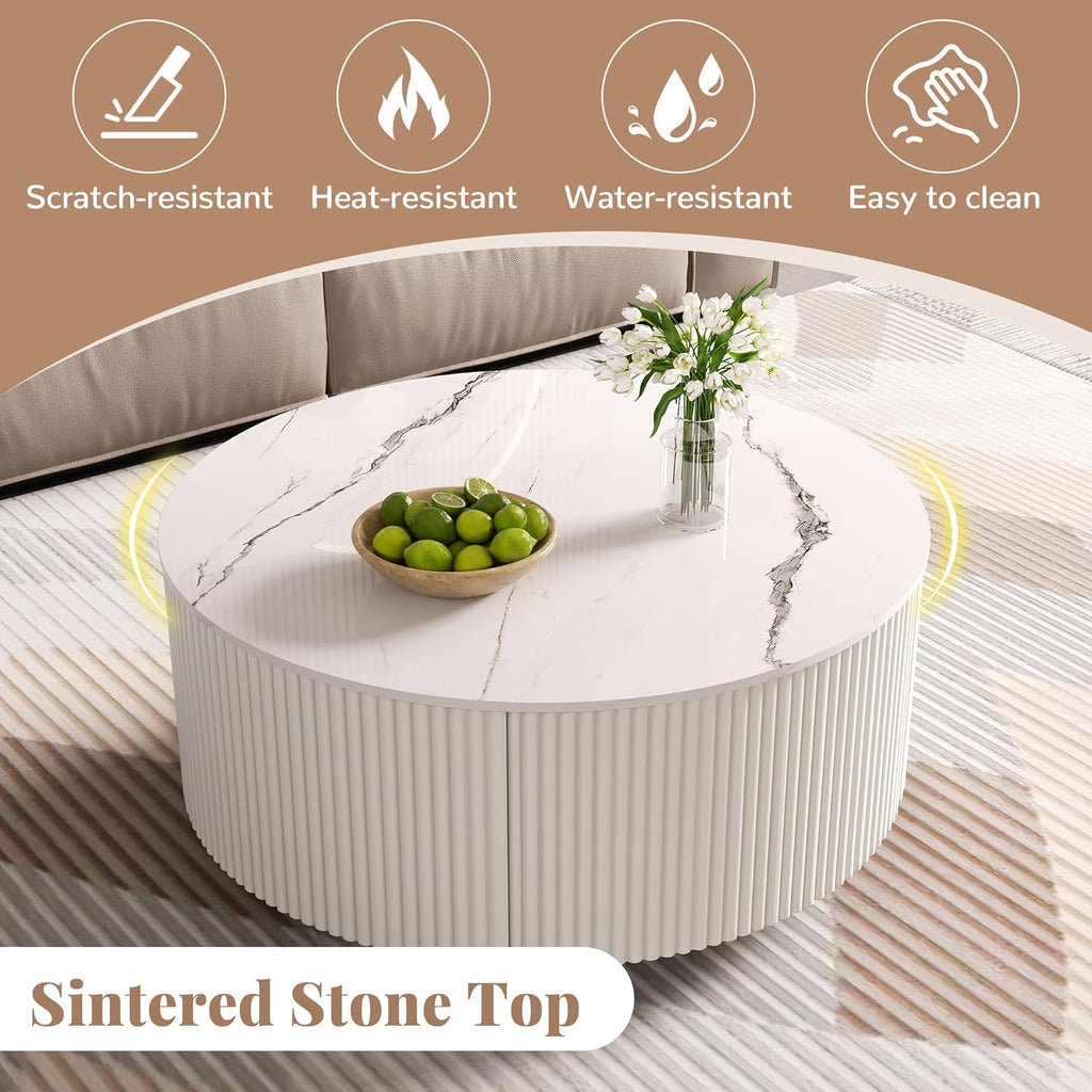 29.5'' Round Marble Coffee Table for Living Room Storage Coffee Table with 2 Drawers Modern Circle Center Tables Sintered Stone Accent Tea Tables for Apartment White