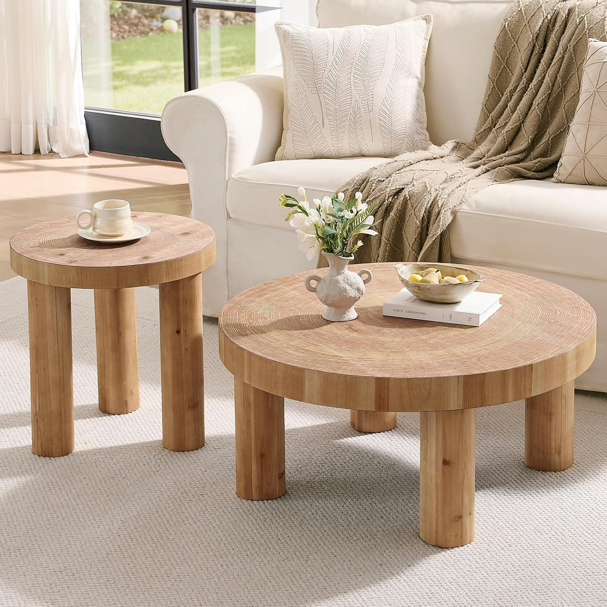 RUSTOWN 2-Piece Round Farmhouse Coffee Table, Rustic Coffee Table Sets, Circle Wooden Ring Finish with Solid Wood Legs, Center Tables Set for Living Room (Natural)