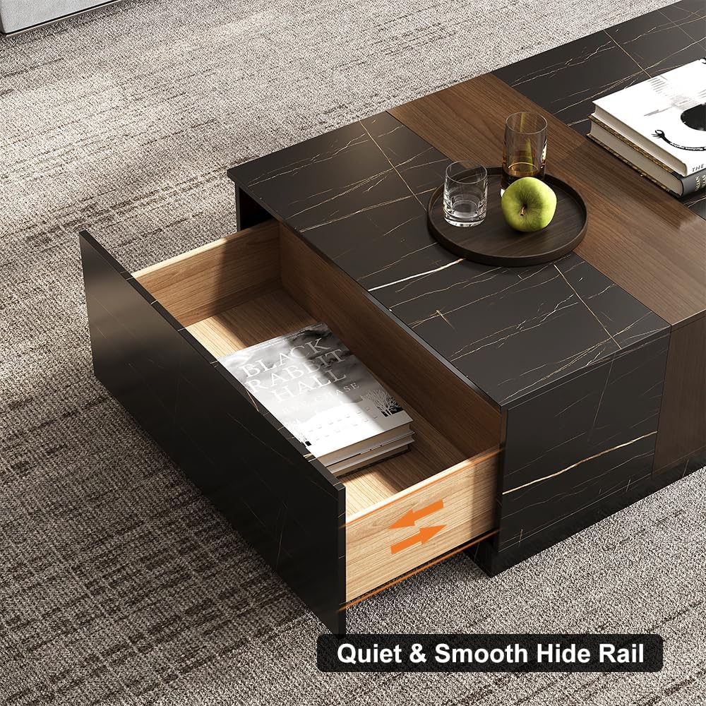 homary Marble & Walnut Coffee Table – Modern Block Design Living Room Center Table with 2 Storage Drawers, White Marble Veneer & Walnut Wood Veneer, Sturdy Base & Smooth Quiet Rails (Black)