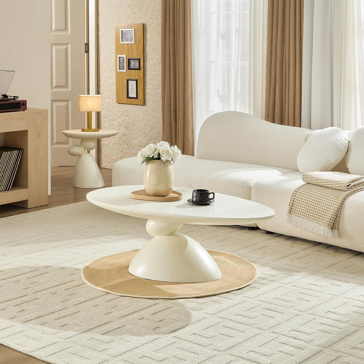 47.24' Mid-Century Modern Oval Coffee Table,Durable Fiberglass Center Table Accent Tea Table for Living Room,Apartment,Small Space,Easy Assembly (Milk White)