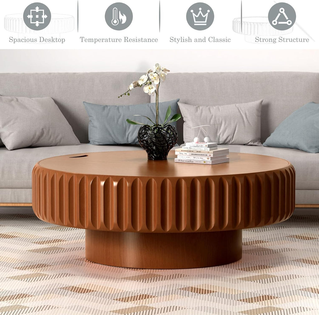 Round Coffee Tables with Storage Fluted Drum Coffee Table with Solid Wood Relief, Modern Circle Wooden Coffee Tables Brown Center Table Accent Tea Table for Living Room Apartment (Round 39.37'')