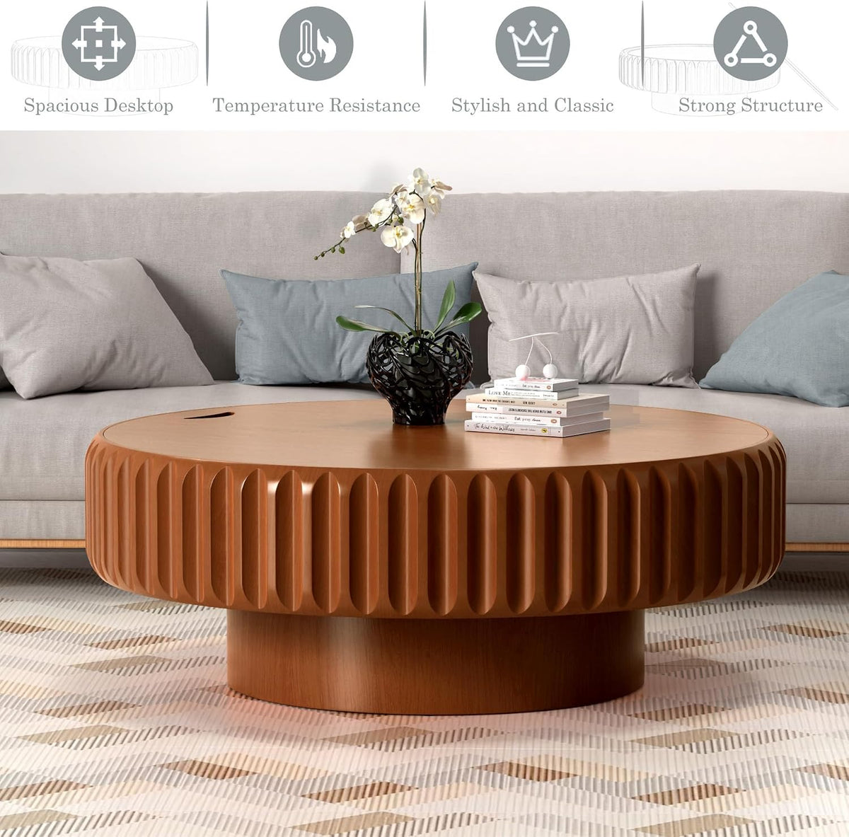 Round Coffee Tables with Storage Fluted Drum Coffee Table with Solid Wood Relief, Modern Circle Wooden Coffee Tables Brown Center Table Accent Tea Table for Living Room Apartment (Round 39.37'')