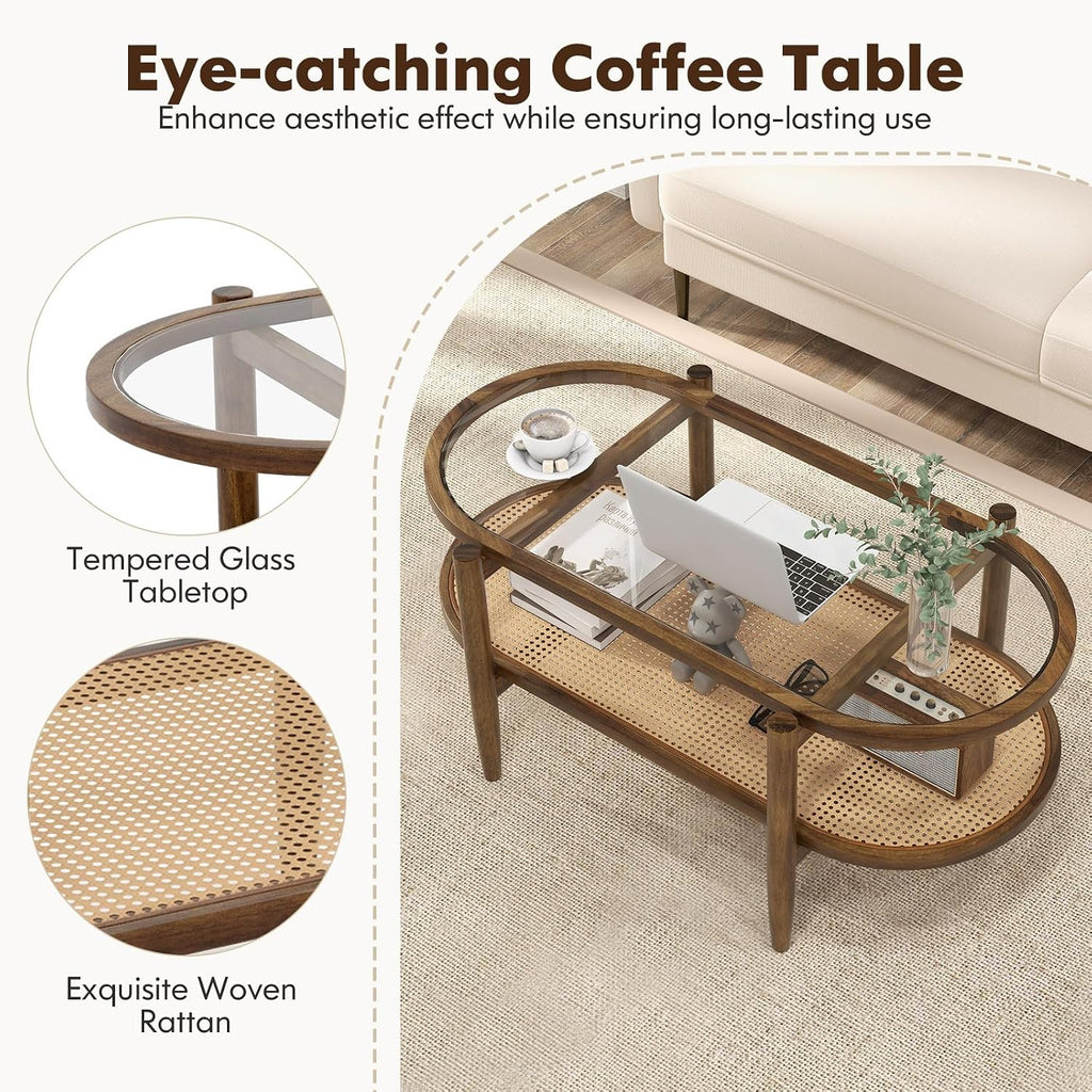 LDAILY Rattan Coffee Table, 2-Tier Mid Century Modern Center Table Oval Design with Tempered Glass Top & PE Rattan Shelf, Solid Acacia Wood Small Coffee Table for Living Room, Office, Brown (Brown)