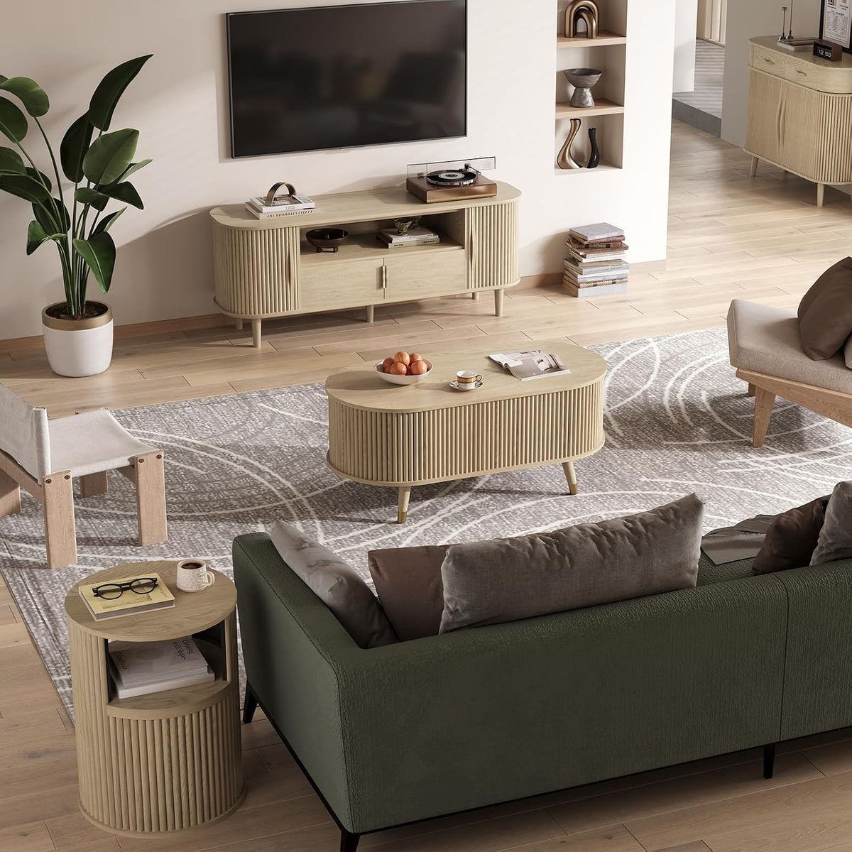 Jiansu furni Lift Top Coffee Table with Storage,42.5' Oval Coffee Table with Hidden Compartment & Solid Wood Legs,Modern Fluted Center Table for Living Room,Home Office,Oak