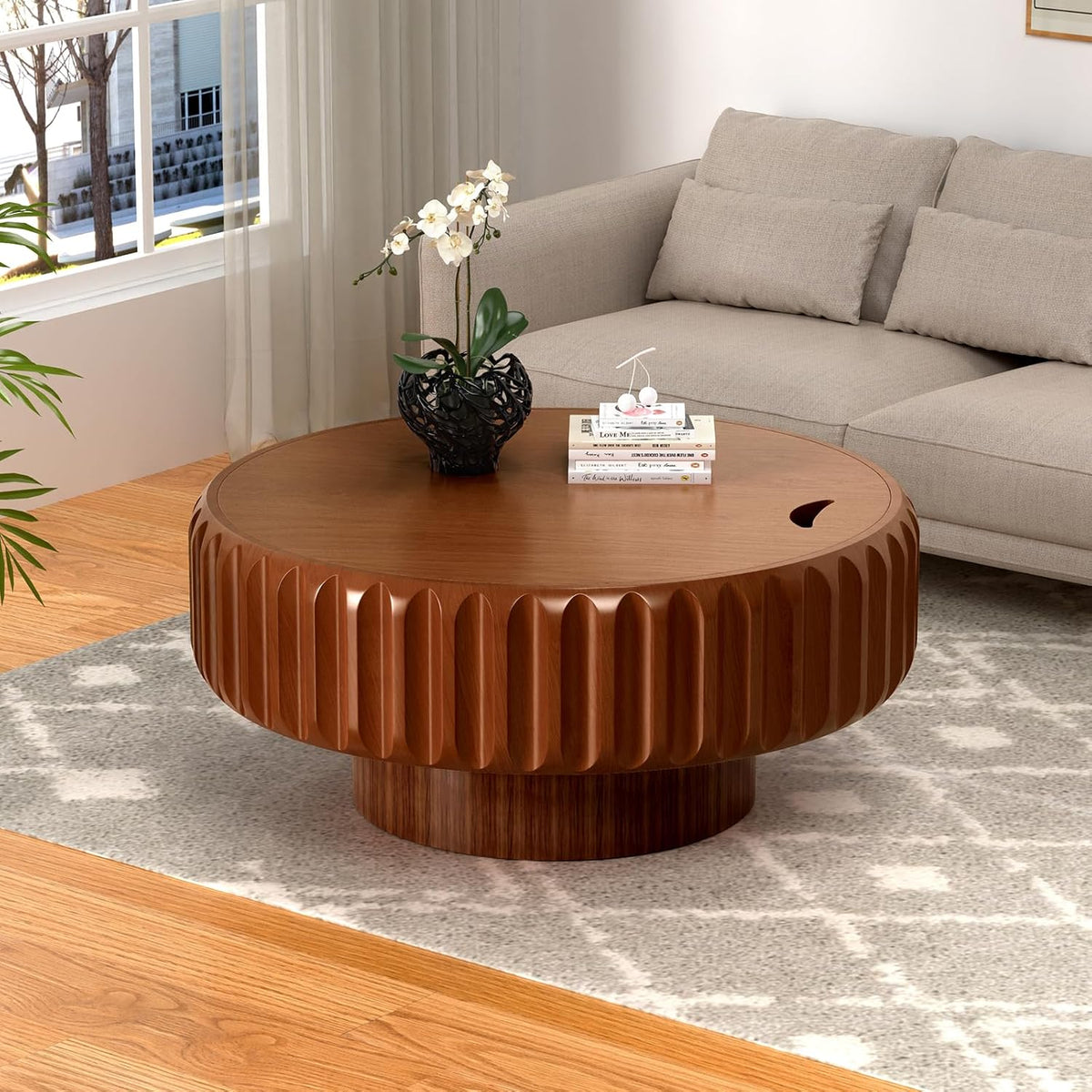 31.5'' Wooden Round Coffee Table with Storage, Modern Luxury Circle Drum Center Tables with Solid Wood Fluted, Accent Round Coffee Table for Living Room Apartment Small Space, Walnut