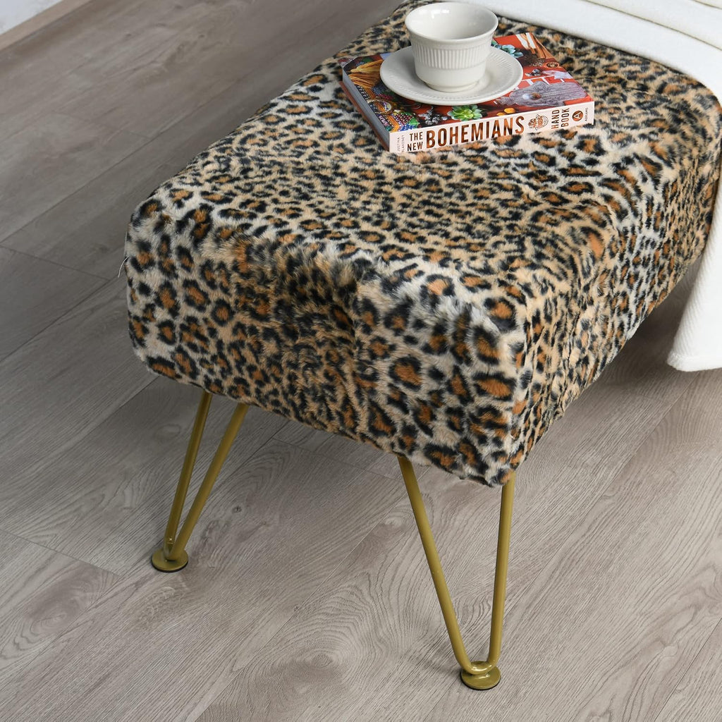 Leopard Print Rectangle Ottoman 46'x16'x17' Faux Fur Entryway Bench Footrest Stool Accent Seating Cheetah Furry Ottoman Bedroom Vanity End of Bed for Bathroom Living Room Decor