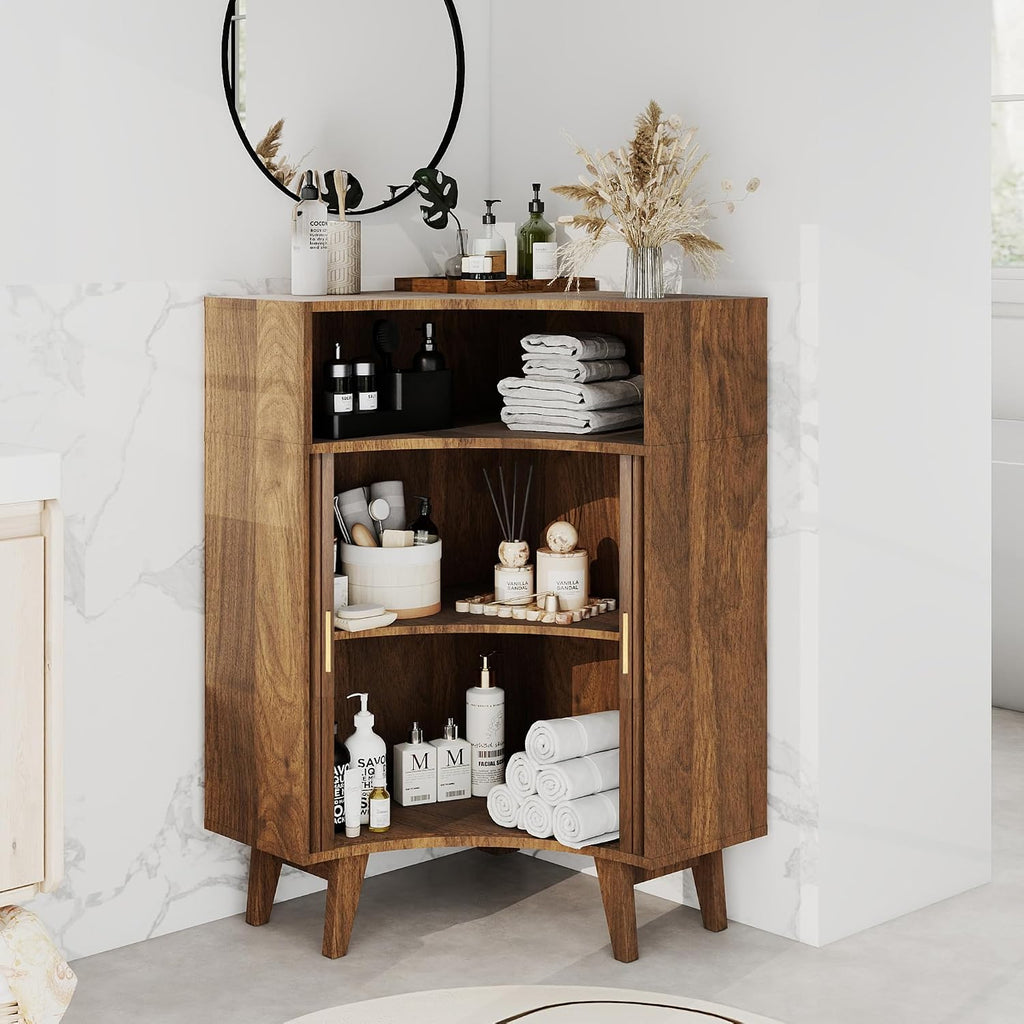 Fluted Corner Cabinet with Open Storage, Modern Floor Cabinets with Sliding Doors and 2-Tier Shelves, Freestanding Narrow Organizer for Small Space,Living Room, Dining Room,Walnut